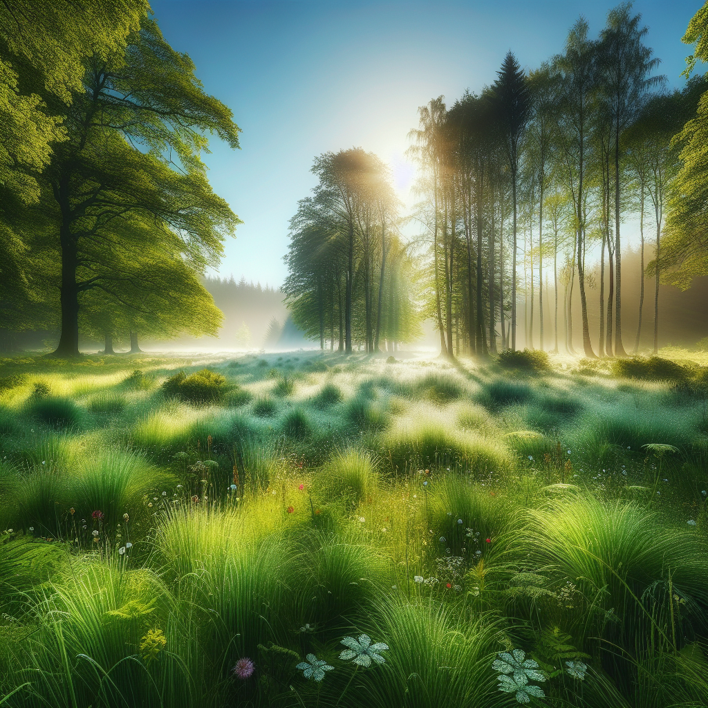 Serene morning scene with dew-kissed grass, majestic trees, sunlight filtering through leaves, and a clear blue sky – good morning image.