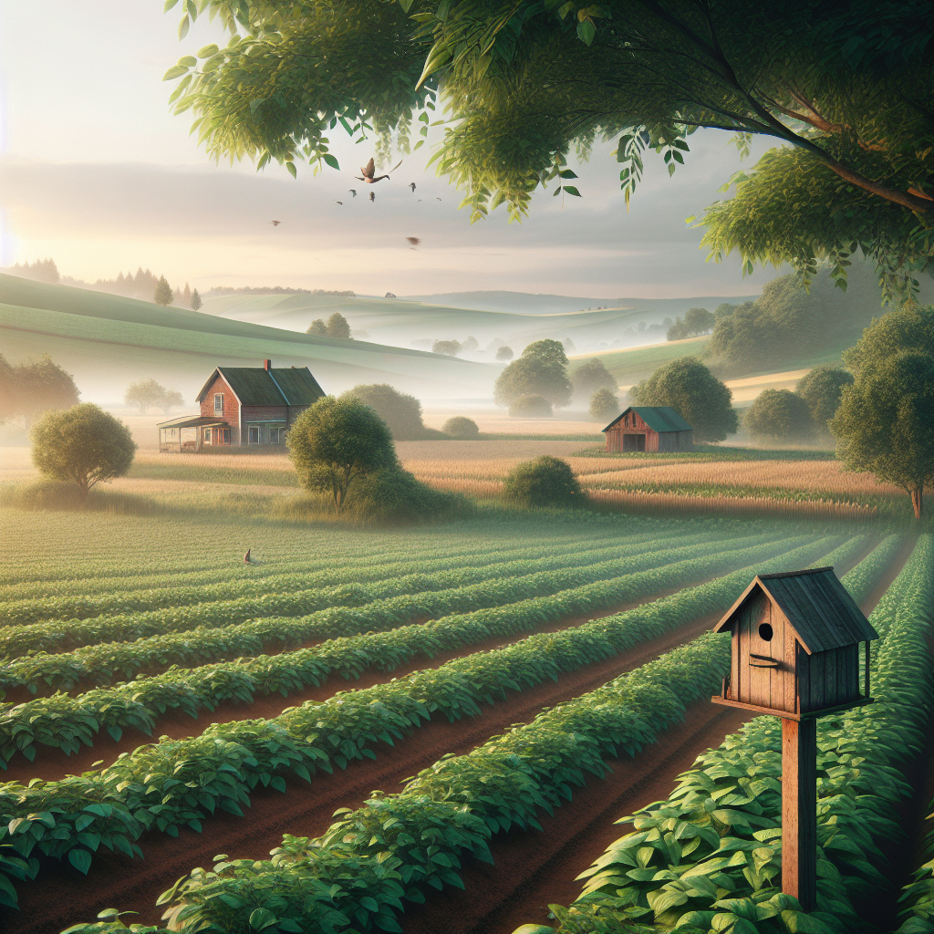 Serene and peaceful good morning image of a nurtured farm landscape, with fields of crops and a distant farmhouse, under a still morning sky.