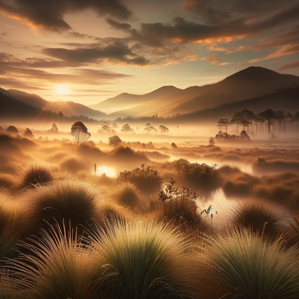 Golden sunrise over misty hills with dew on grass, capturing a serene good morning image