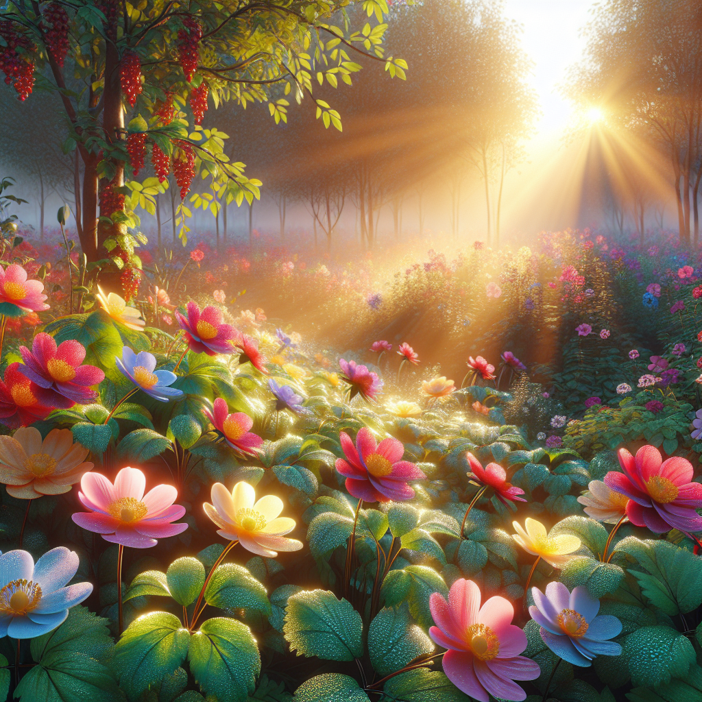 Good morning image of a peaceful scene featuring vibrant, sun-kissed flowers in full bloom, glowing delicately under the gentle morning sun.