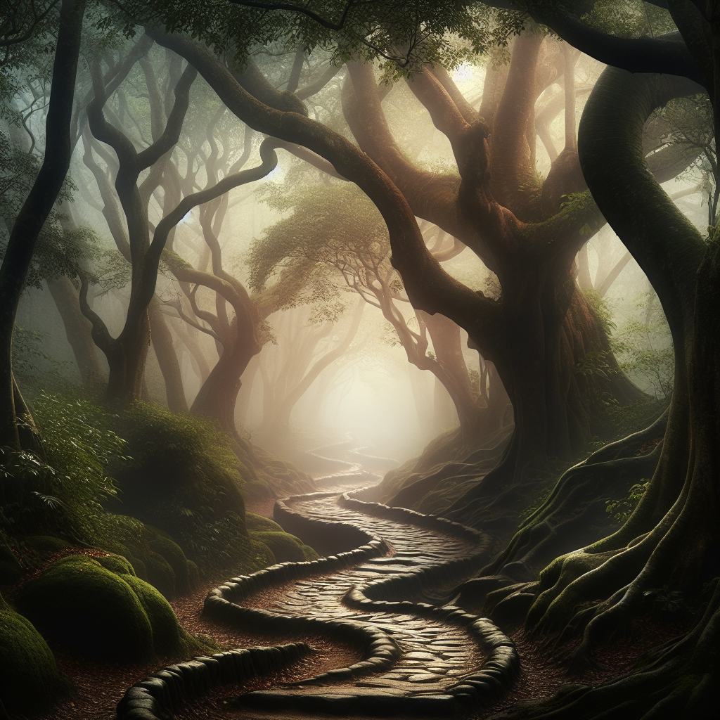 A mystical forest path veiled in morning mist, embodying tranquility and wonder, a perfect good morning image.