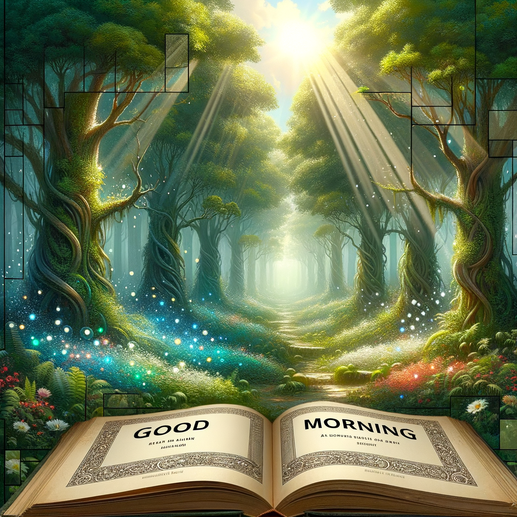 An enchanted forest emerging from an open fairy tale book, bathed in morning sunlight and magical glows, with a 'Good morning' message.