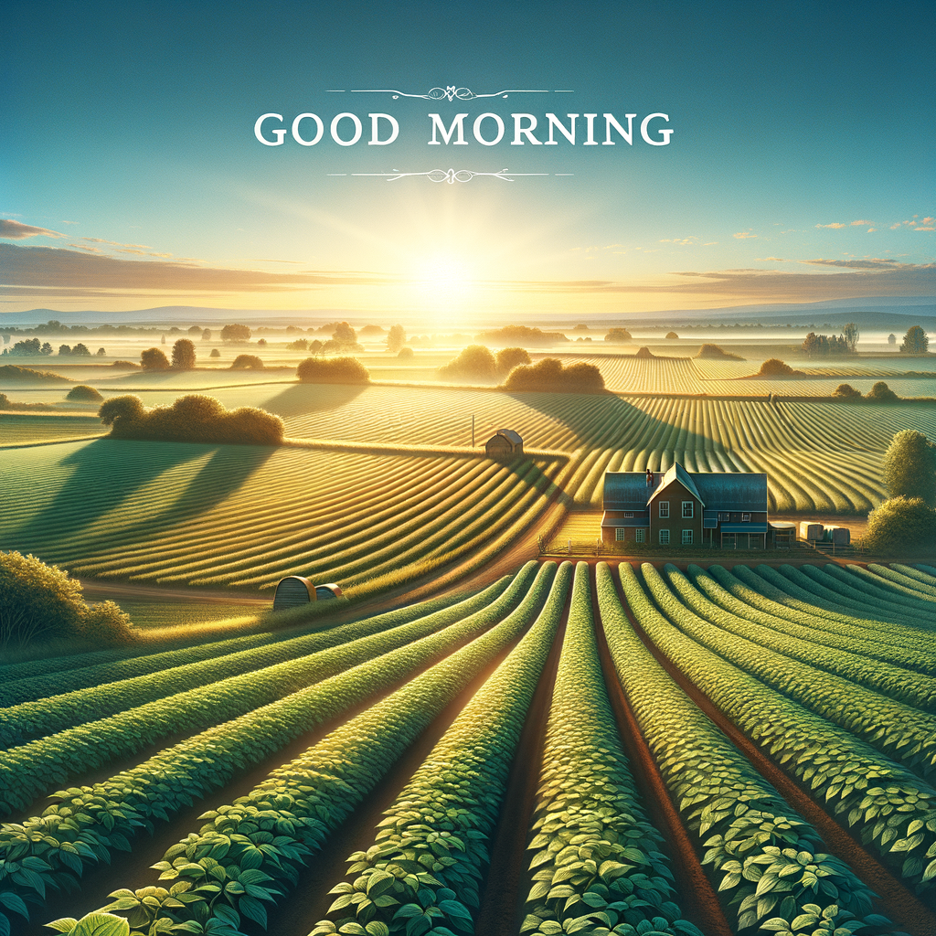 Serene good morning image of a farm, with golden sunshine over green fields and a distant farmhouse.