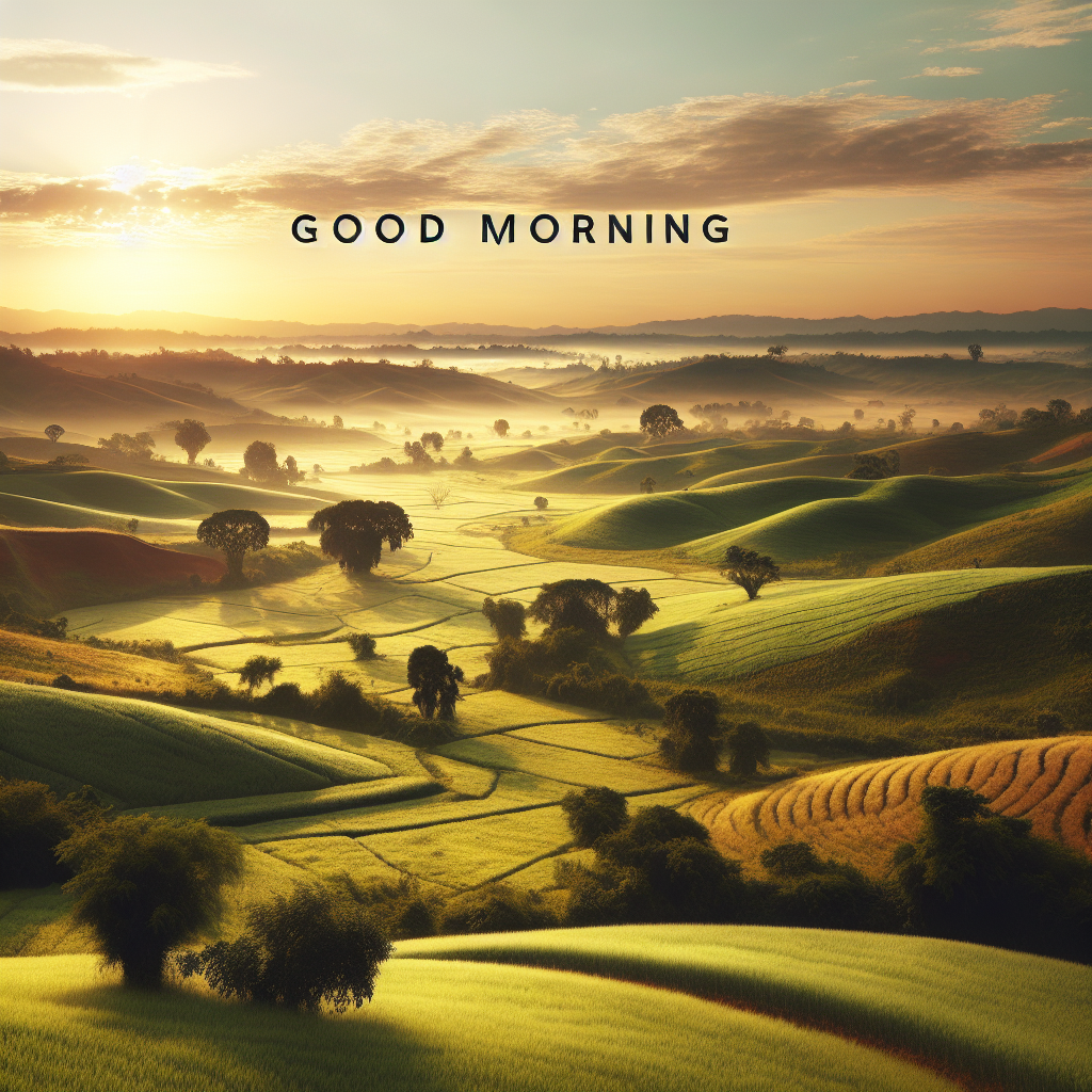 An idyllic countryside vista at morning, showcasing rolling hills bathed in the warm, golden light of dawn, embodying peace and simplicity. Perfect good morning image to start your day.