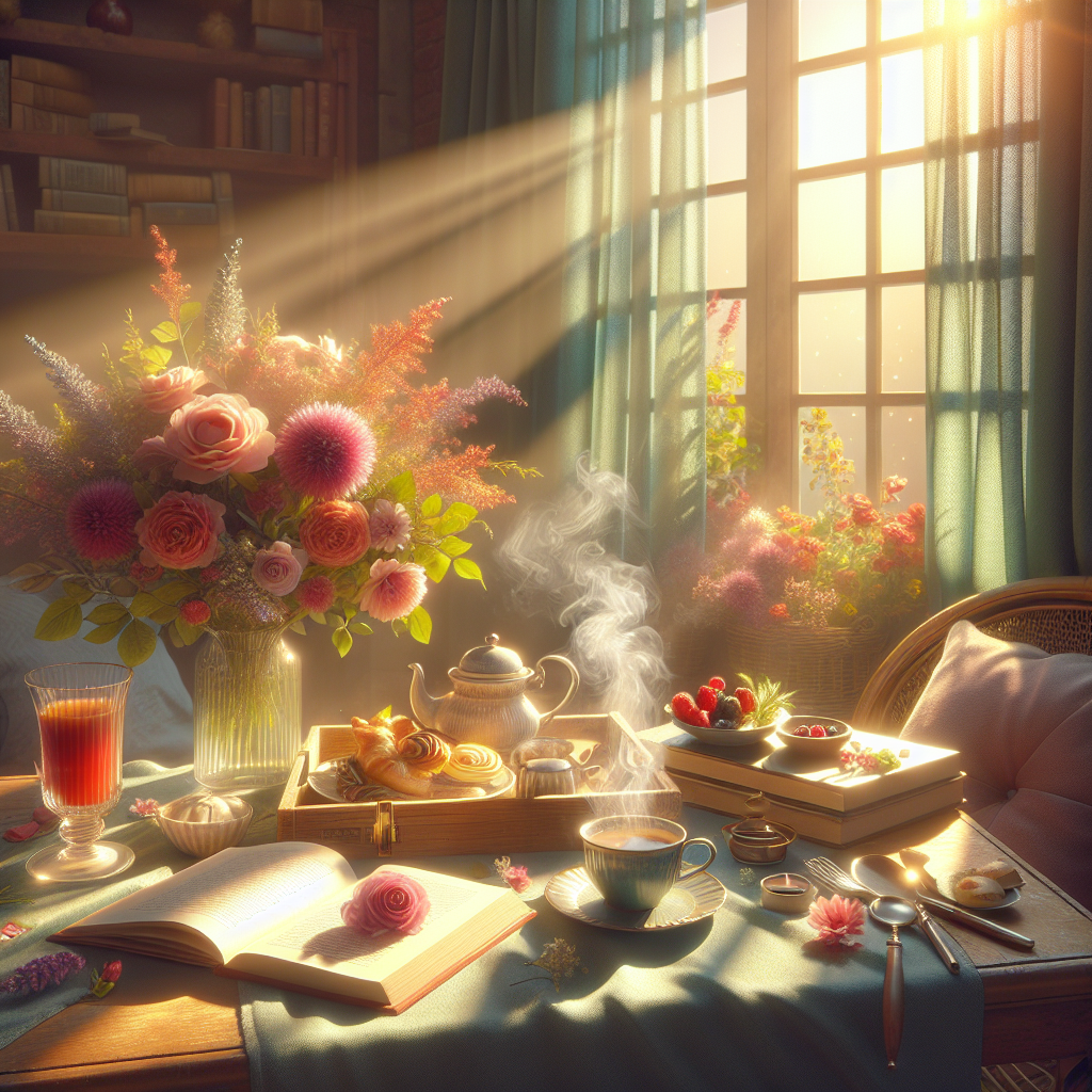 A vibrant bouquet, steaming coffee, and a sunlit breakfast nook, capturing a romantic and joyful good morning image.