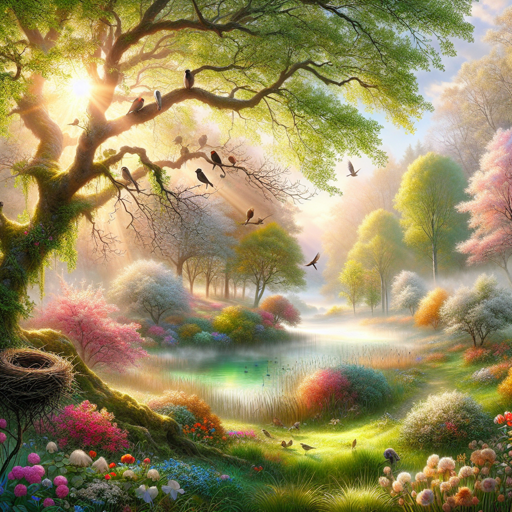 Landscape of a vibrant spring morning with dewy grass, blooming flowers, and nests in trees, encapsulating a serene start to the day as a good morning image.