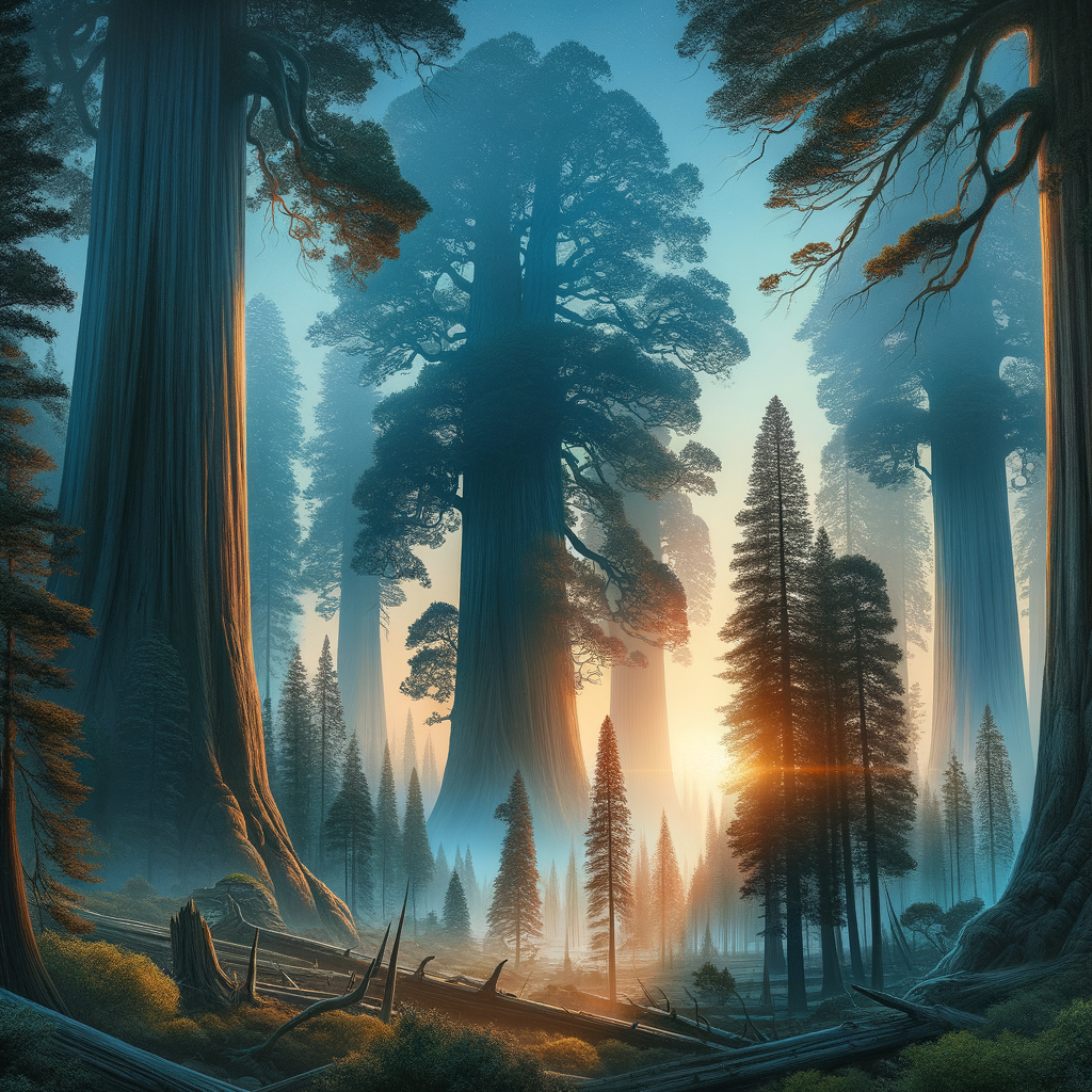 Serene good morning image of an ancient forest bathed in the soft glow of sunrise, symbolizing timeless majesty.