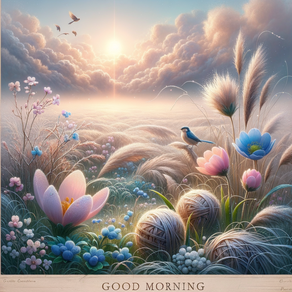 Picture of a tranquil spring morning scene, with dewy grass and soft-colored sunrise, conveying a good morning image.