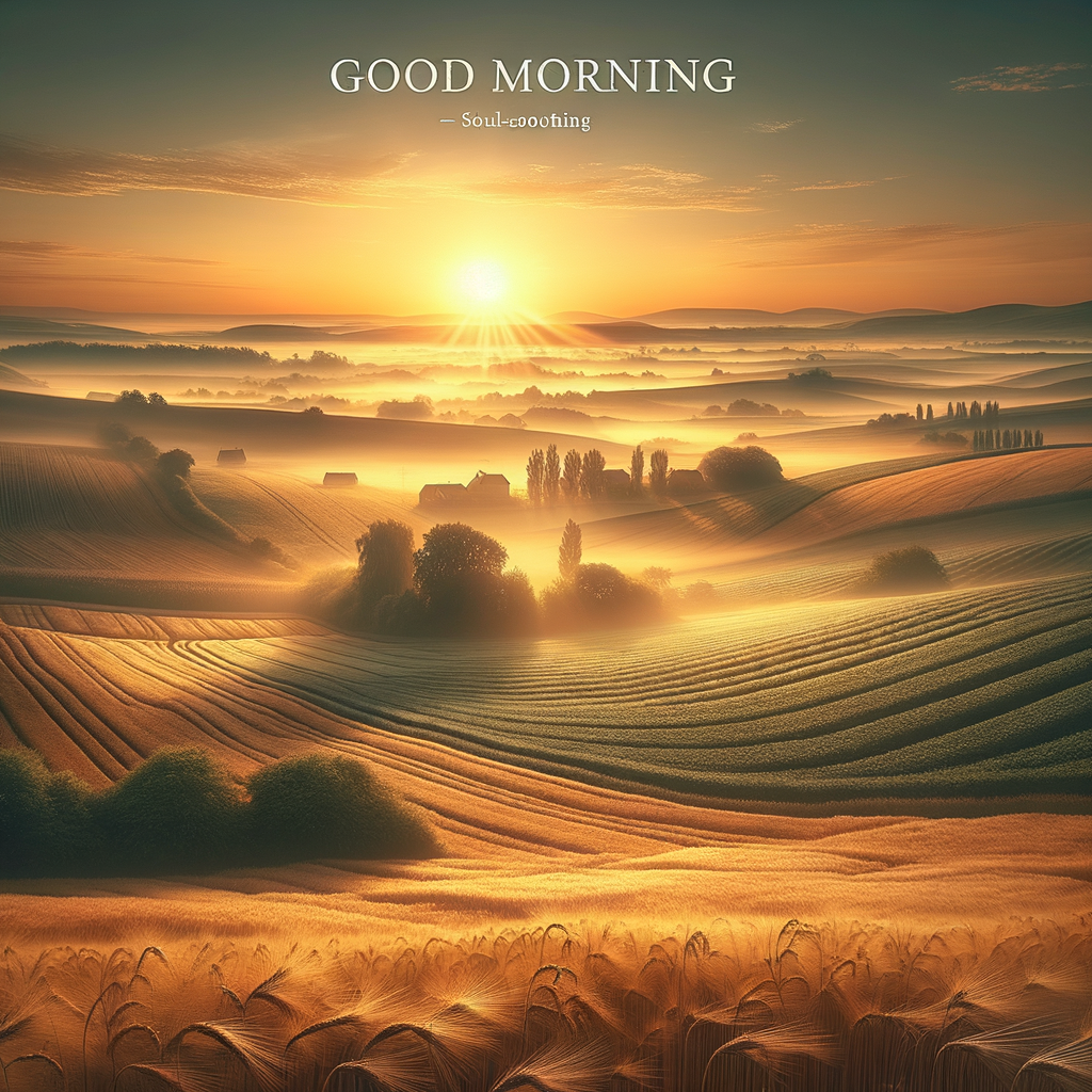 A serene good morning image showcasing an idyllic dawn over a rural landscape with farms basking in the sun's glow.