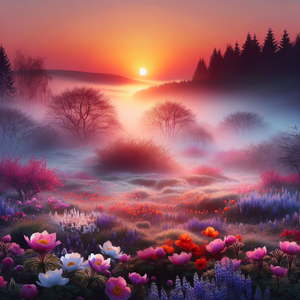 Serene spring morning with dew on flowers under a softly lit sky, perfectly capturing a calm good morning image