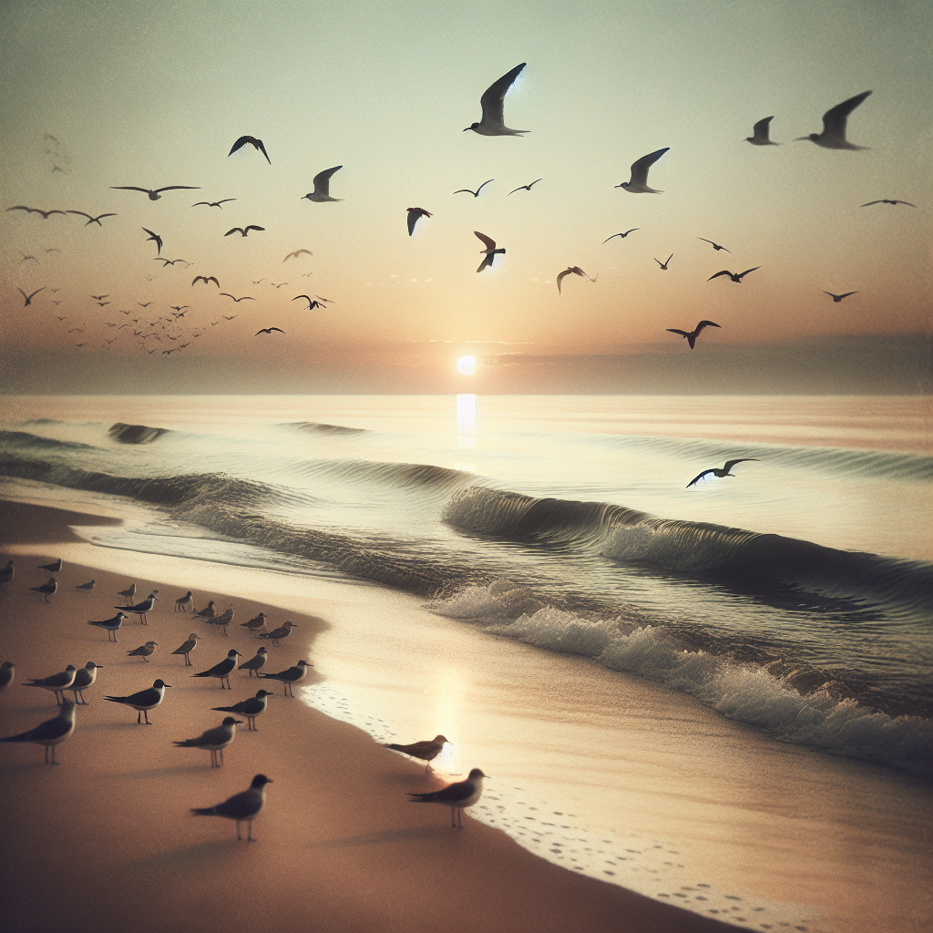 Tranquil seaside morning, with gentle waves and soft seabird echoes under a warm sunrise, good morning image.