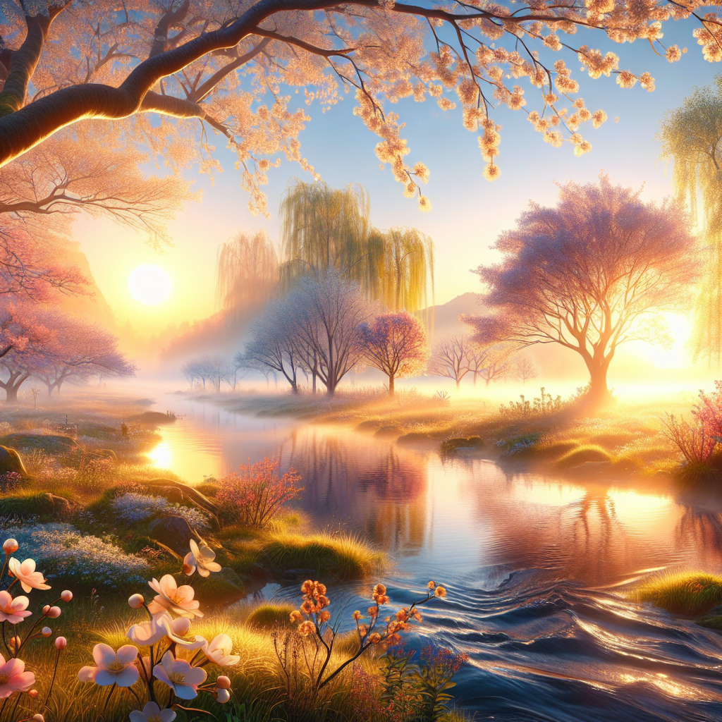 Stunning good morning image of a serene spring landscape with blooming flowers, dawn light, and a flowing river.