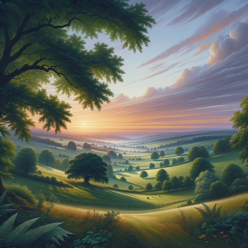 A good morning image featuring a tranquil countryside landscape with soft hues of sunrise caressing rolling hills.