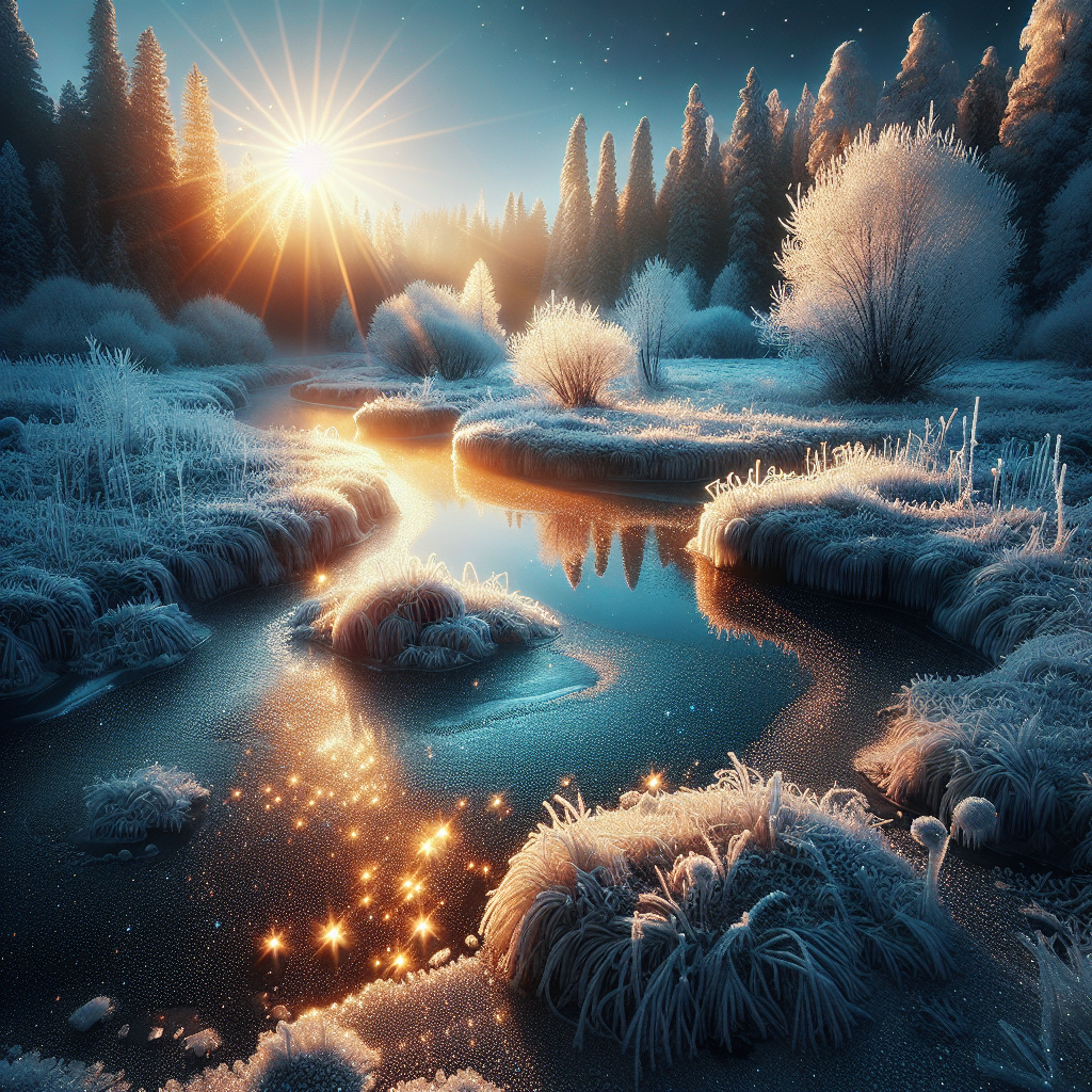 Stunning good morning image depicting frost-covered landscape bathed in the soft glow of winter sunlight.