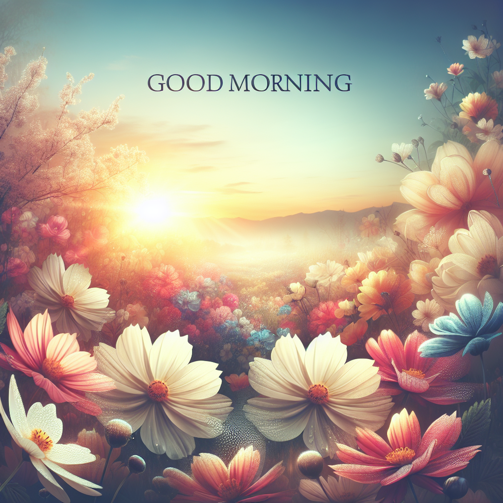 A serene good morning image featuring bright, blooming flowers under the soft light of sunrise, adorned with dewdrops.