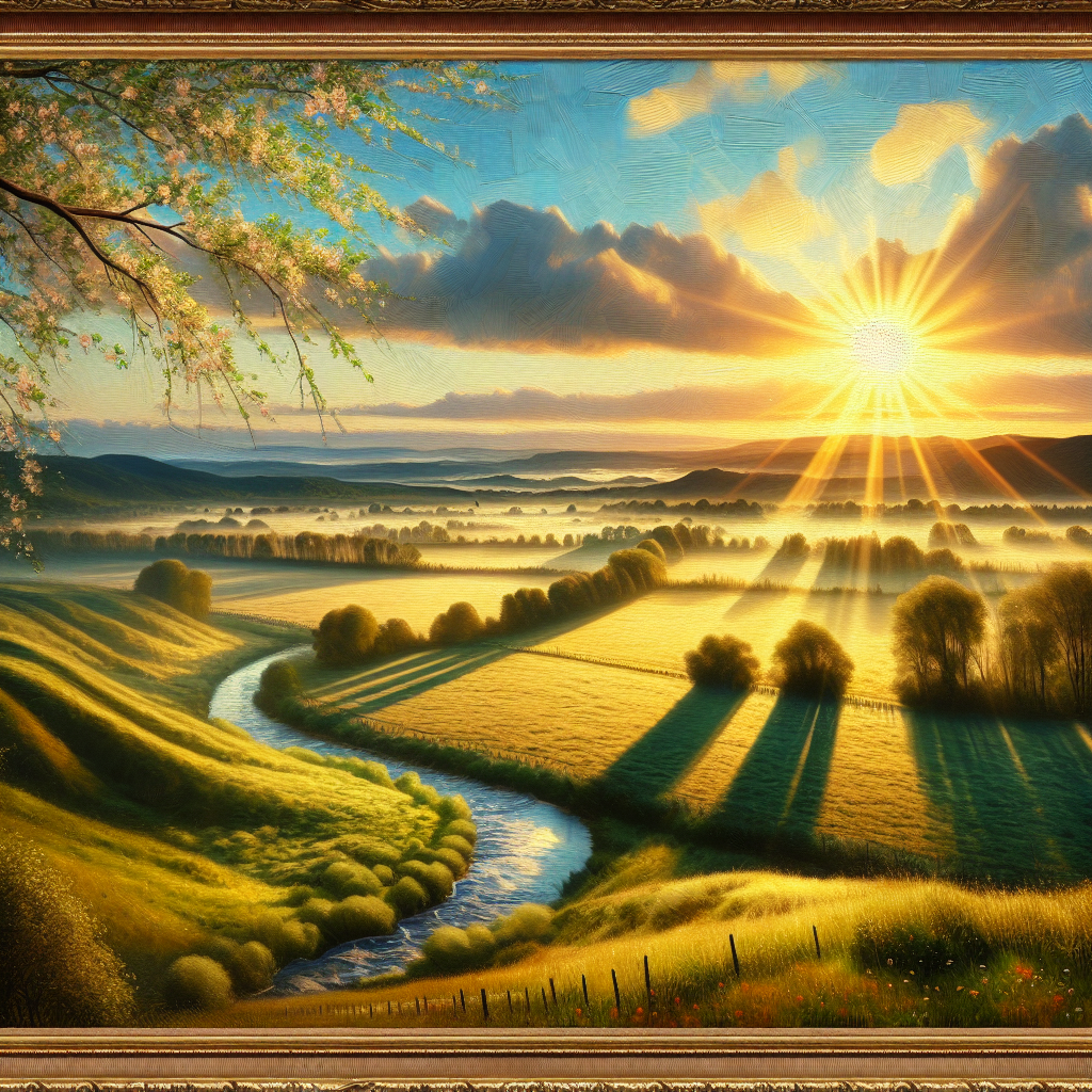 A picturesque countryside good morning image at sunrise, showcasing sprawling hills, a ribbon-like stream, and blossoming trees, under golden rays and long shadows.