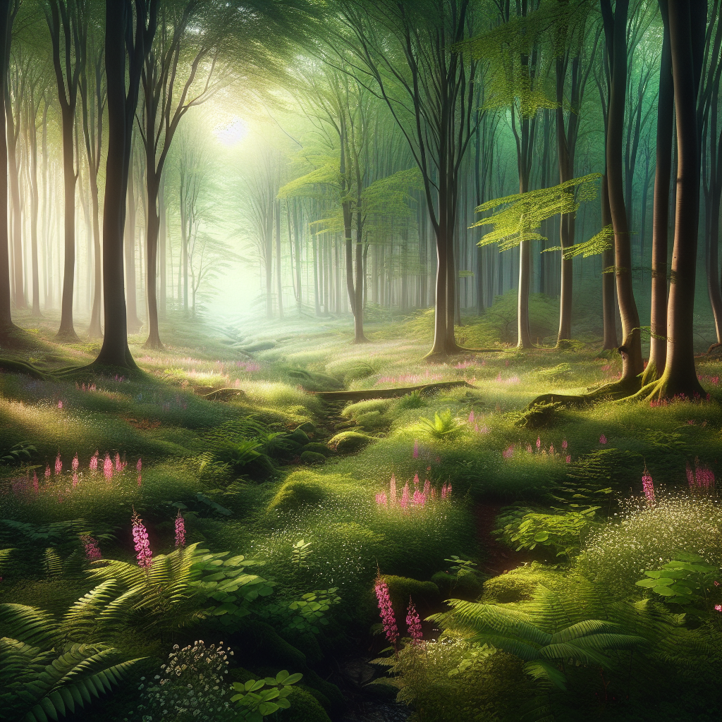 A good morning image featuring a serene and magical forest at dawn, radiating tranquility and boundless imagination.