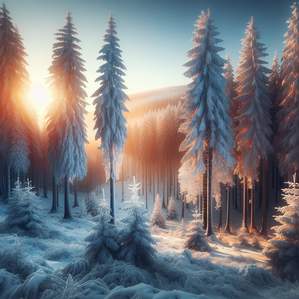 A good morning image of a serene winter forest with fresh snow and early morning sunlight.