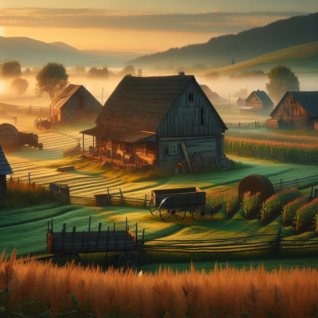 Serene morning on a traditional farm with loaded barn, vast fields, and cozy houses, showcasing a perfect good morning image.