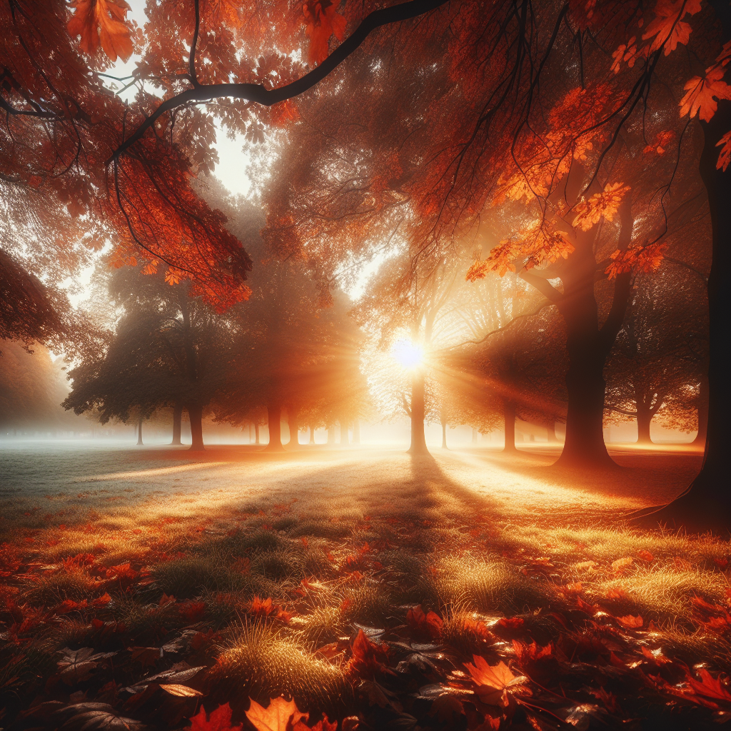 A tranquil sunrise scene with sunlight piercing through autumn leaves, dew-kissed grass, and a misty park setting. Good morning image.