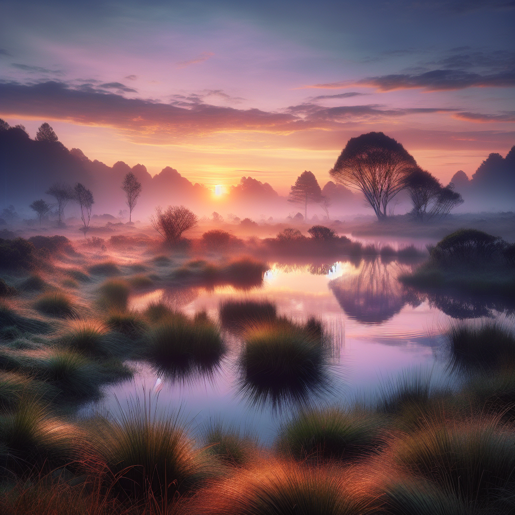 A serene lake at dawn with mirror-like water reflecting the soft hues of the sky, surrounded by dew-kissed grass in a good morning image.