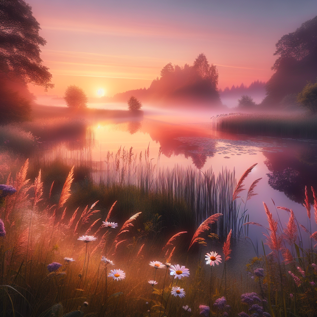 A serene lake reflecting dawn's pastel sky, surrounded by swaying grass and blooming flowers, epitomizing a peaceful good morning image.