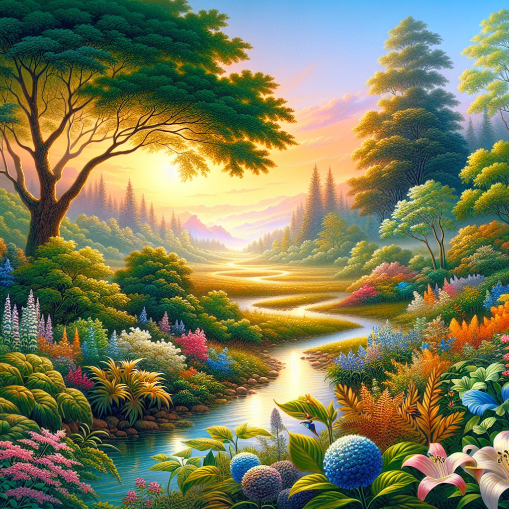 A tranquil good morning image of a flourishing ecosystem with vibrant flowers, lush greenery, and a shimmering stream.