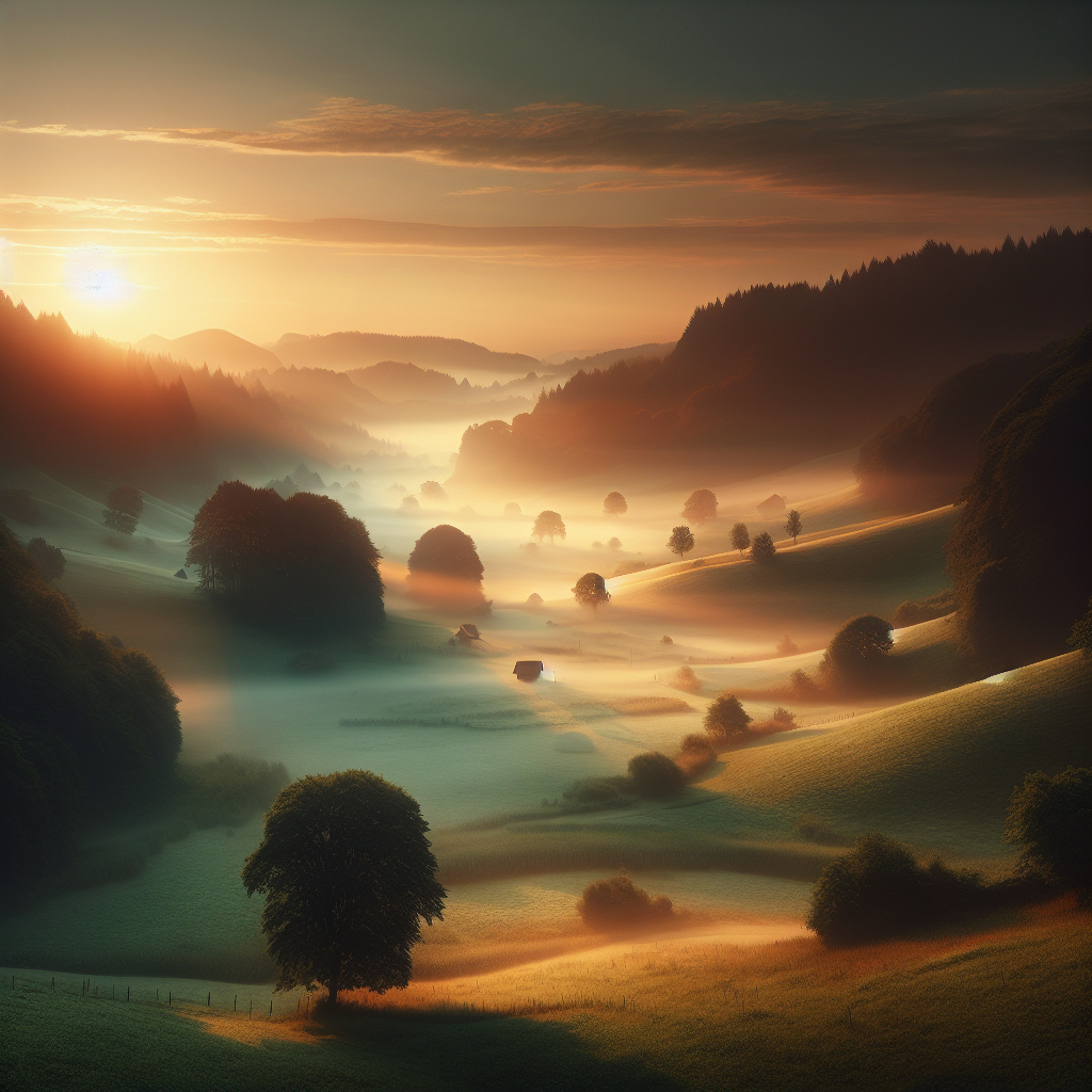 A good morning image depicting a soothing countryside landscape at sunrise, showcasing peaceful meadows, rolling hills, and lush greenery enveloped in morning mist