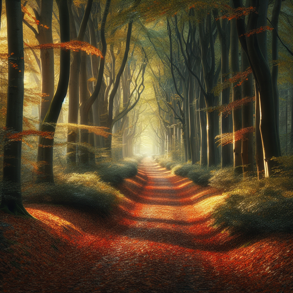 A serene autumn forest path bathed in soft morning light, leaves blanketing the ground in a vibrant display - a perfect good morning image.