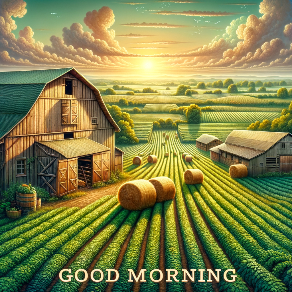 Golden sunlight bathes a classic farm, hay bales peeking from barns, fields of green stretching to greet the day in this good morning image.