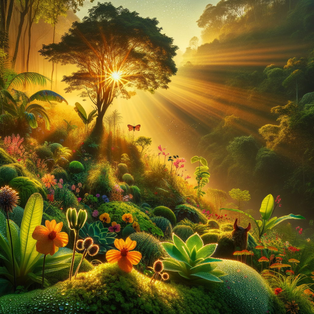 A tranquil good morning image of a sun-kissed, lush ecosystem, with sparkling dew on an array of vibrant plant life.