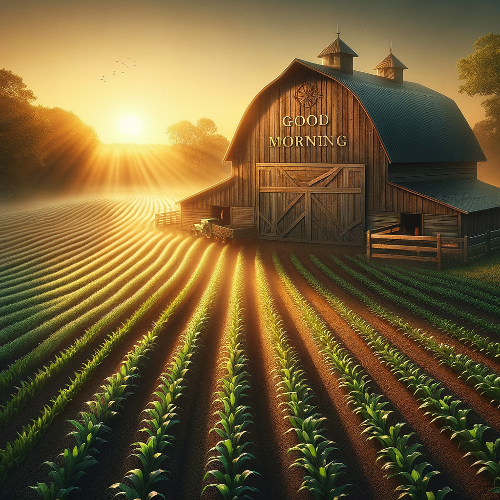 The serene break of dawn over a nurturing farm with a carved 'Good morning' message on the barn door.