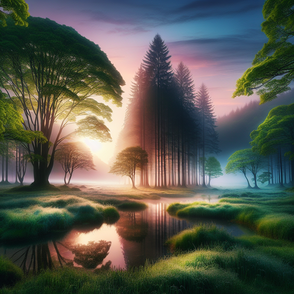 A serene morning landscape at dawn with a river, vibrant skies, dewy leaves on tall trees, capturing the tranquil essence of daybreak in a good morning image.