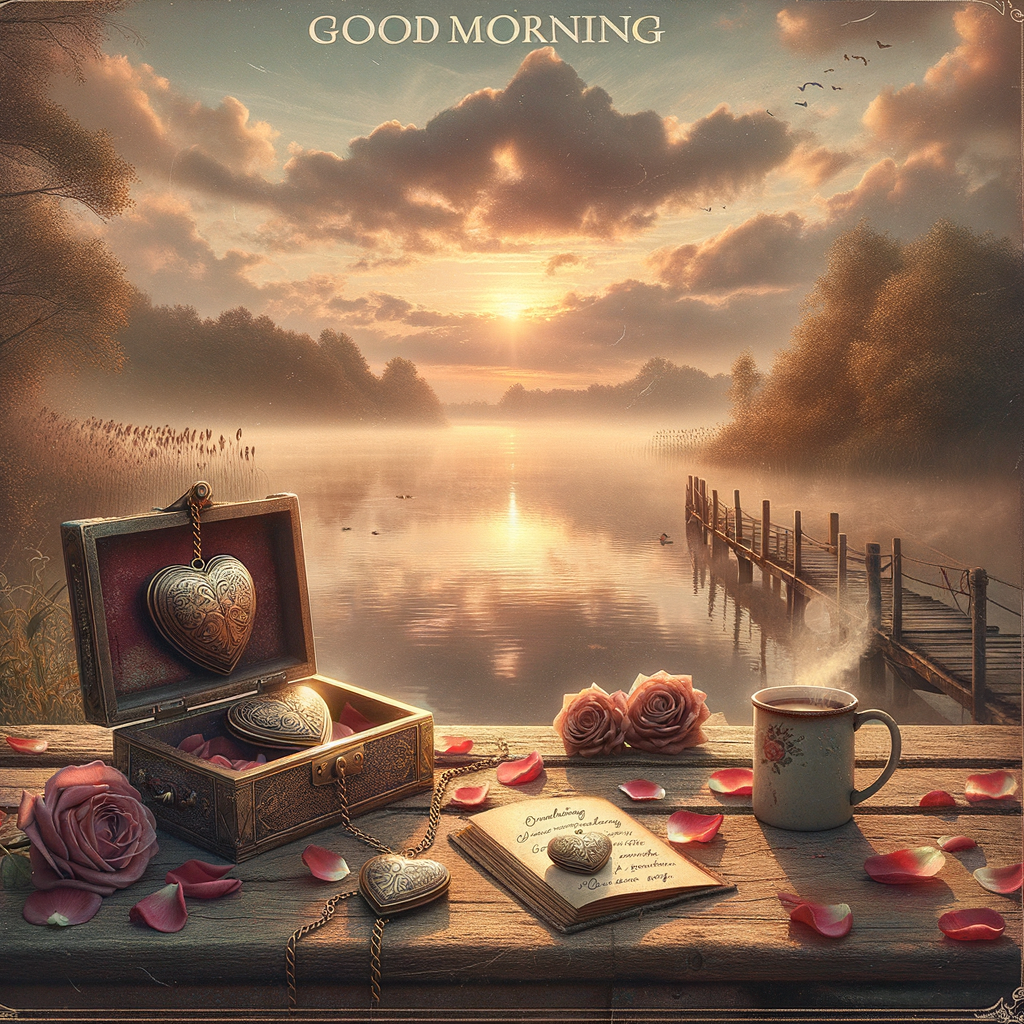 A serene good morning image displaying a bench with rose petals, heart-shaped lockets, and steamy mug, against a soft-hued dawn.