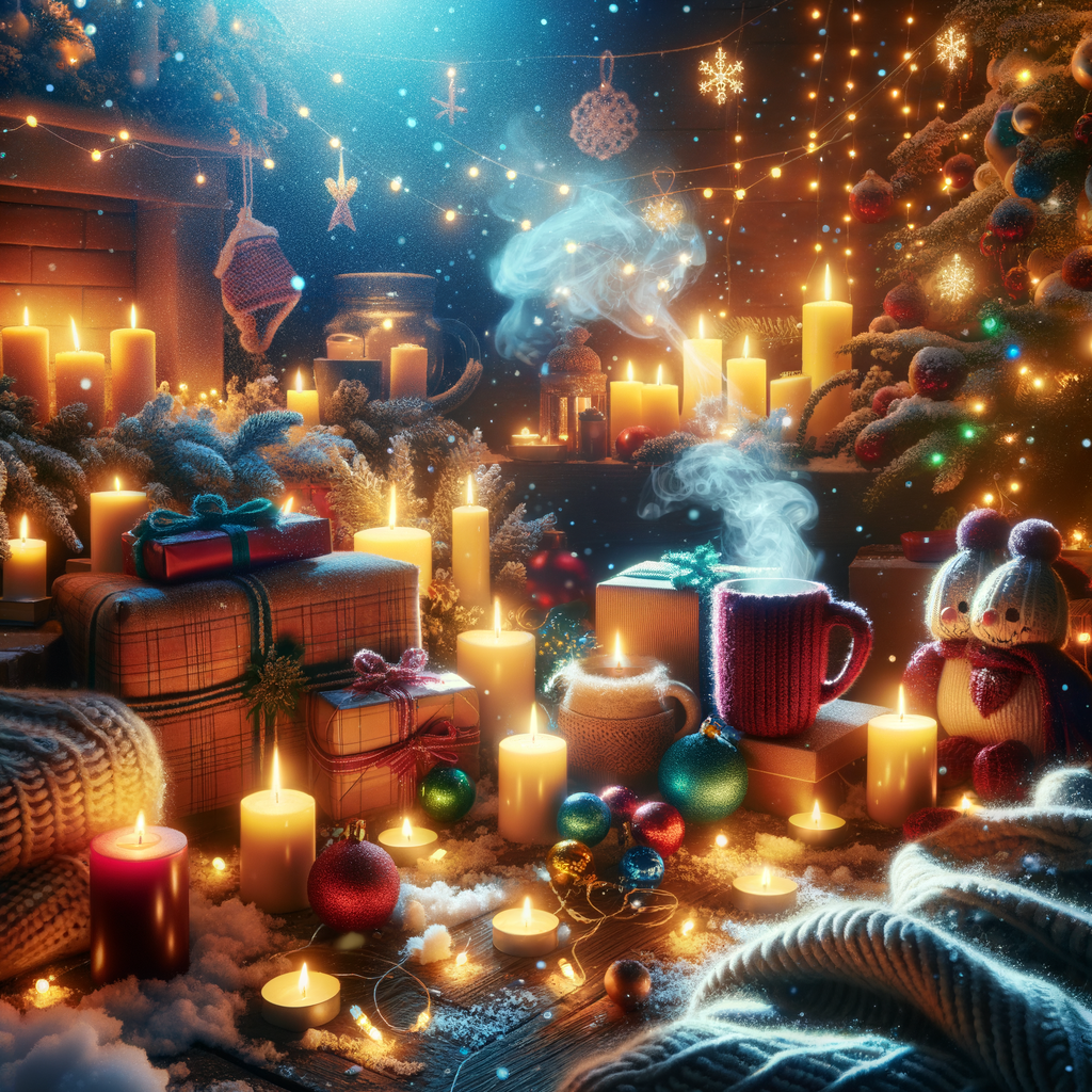 Tranquil good morning image of a festive winter scene, featuring lit candles, gifts, falling snow, and hot cocoa.