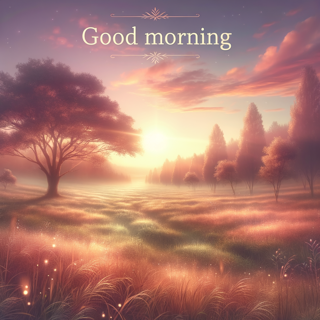 Serene sunrise over a peaceful landscape with towering trees and a dew-kissed meadow, good morning image.