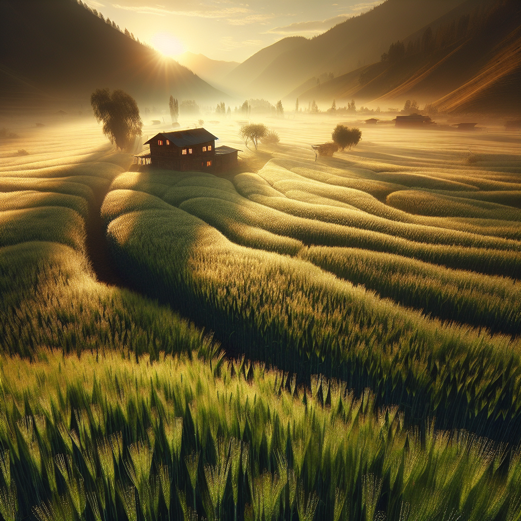 The first rays of sun casting a golden glow over a tranquil farm, awakening the beauty of the dewy crops with a soothing good morning image.