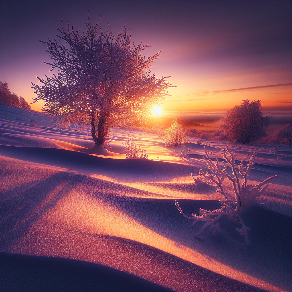 Serene winter sunrise with orange-gold light casting gentle shadows on untouched snow, featuring a solitary, snow-capped tree in a calm landscape. A perfect good morning image.