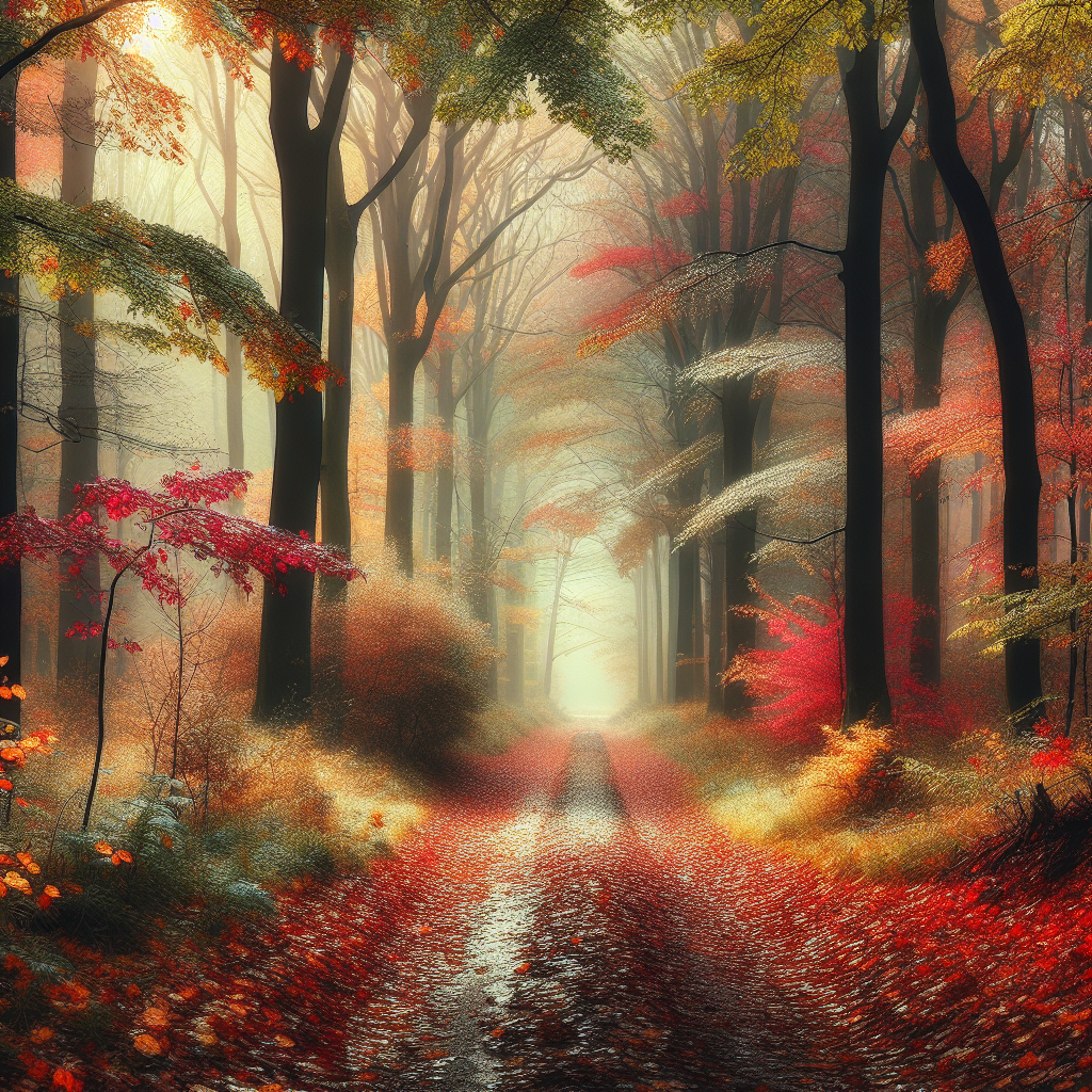 Scenic autumn morning in a forest, path covered with red, orange, and yellow leaves, hinting at nature's cycles. No people present, perfect good morning image.