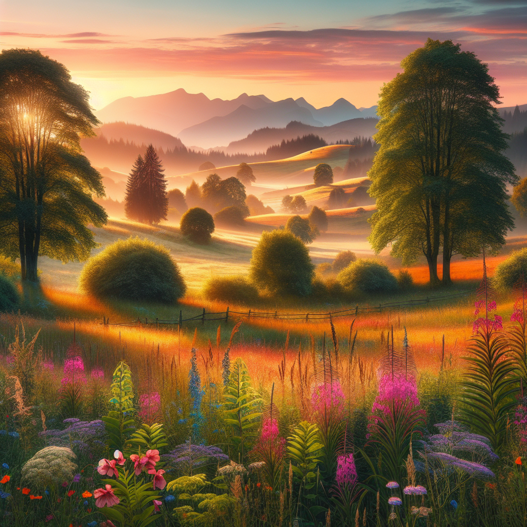 A peaceful, sunlit countryside retreat at dawn with wildflowers; a heartwarming good morning image.