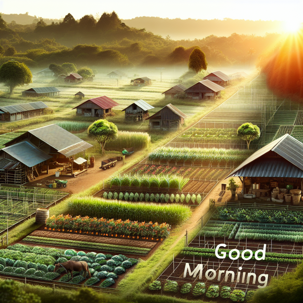 A serene good morning image capturing a peaceful farm at sunrise, fields lush and farm buildings adding to the tranquil vista.