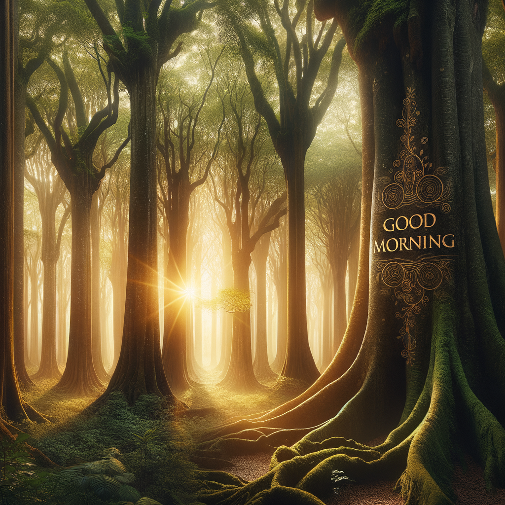 A peaceful early morning in an ancient forest with sunlight filtering through trees and 'Good morning' carved on a trunk