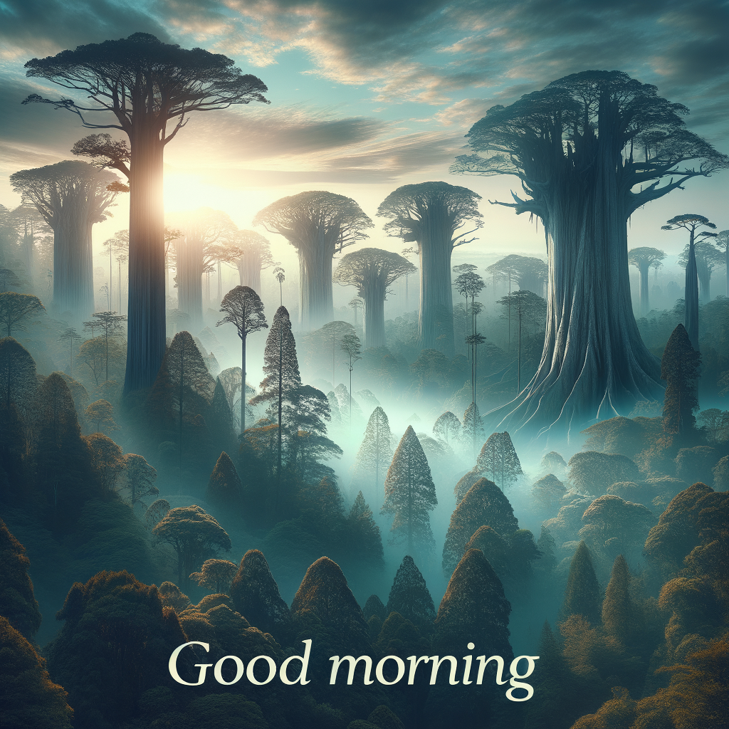 A good morning image capturing an ancient forest bathed in the serene light of dawn, evoking peace and reverence.