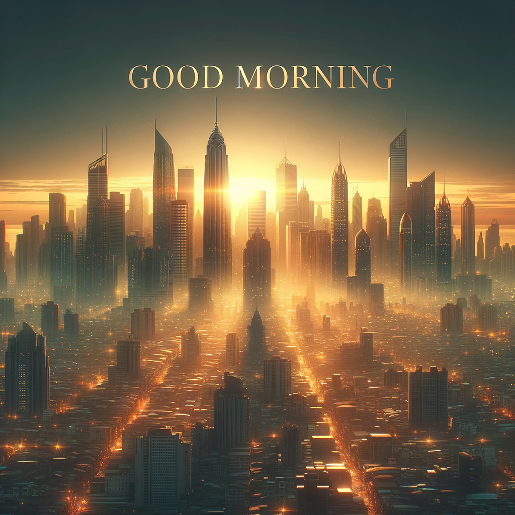 A serene good morning image of a city skyline at sunrise, with buildings shimmering in the warm glow of a new day.