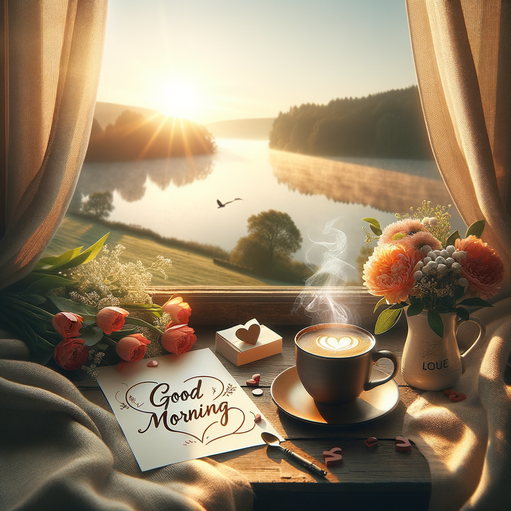 Serene morning scene with a hot cup of coffee, heart-shaped note, and fresh flowers in soft sunlight.