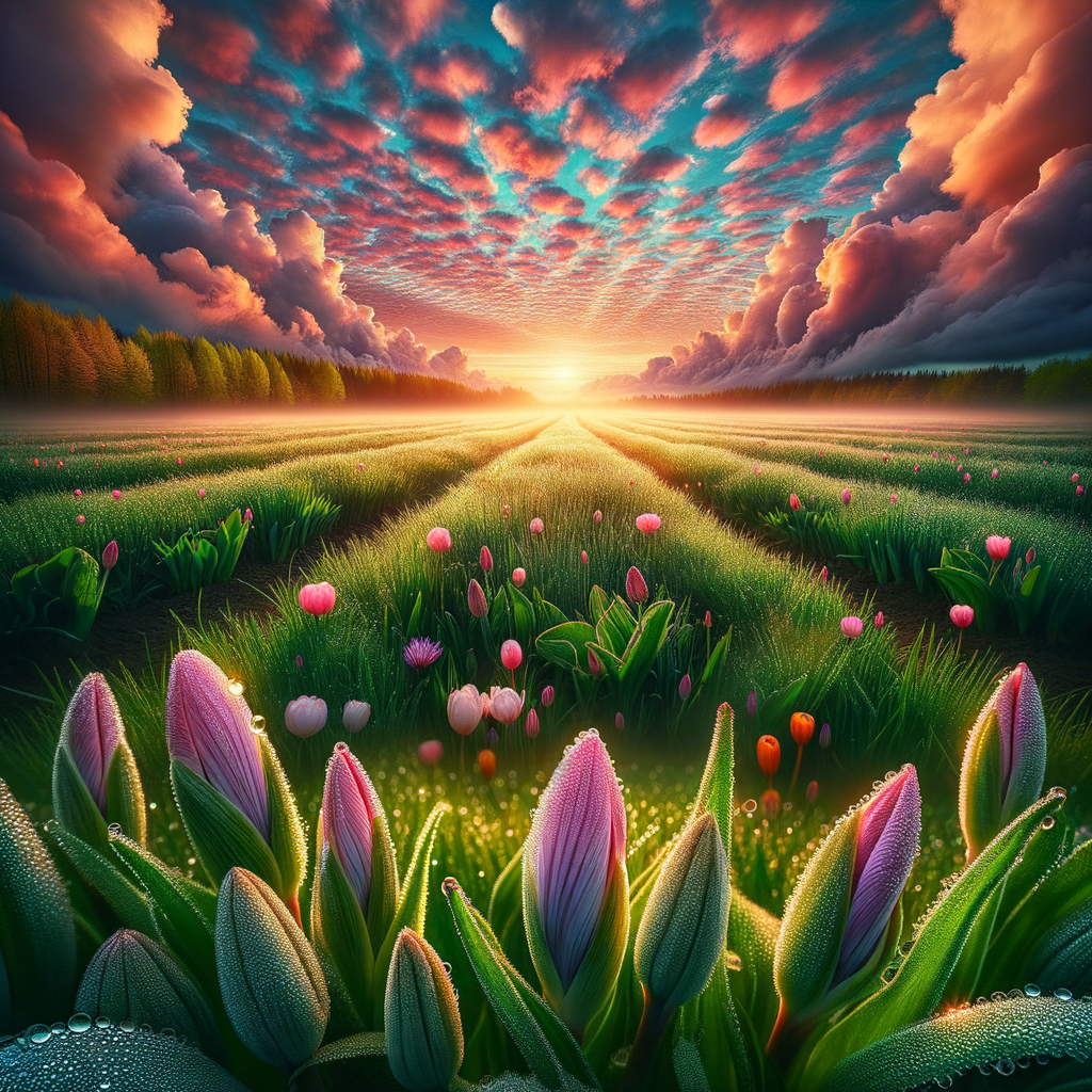 Spring morning landscape with dew-covered grass and blooming flowers bask in the sunrise, symbolizing a fresh start - good morning image.