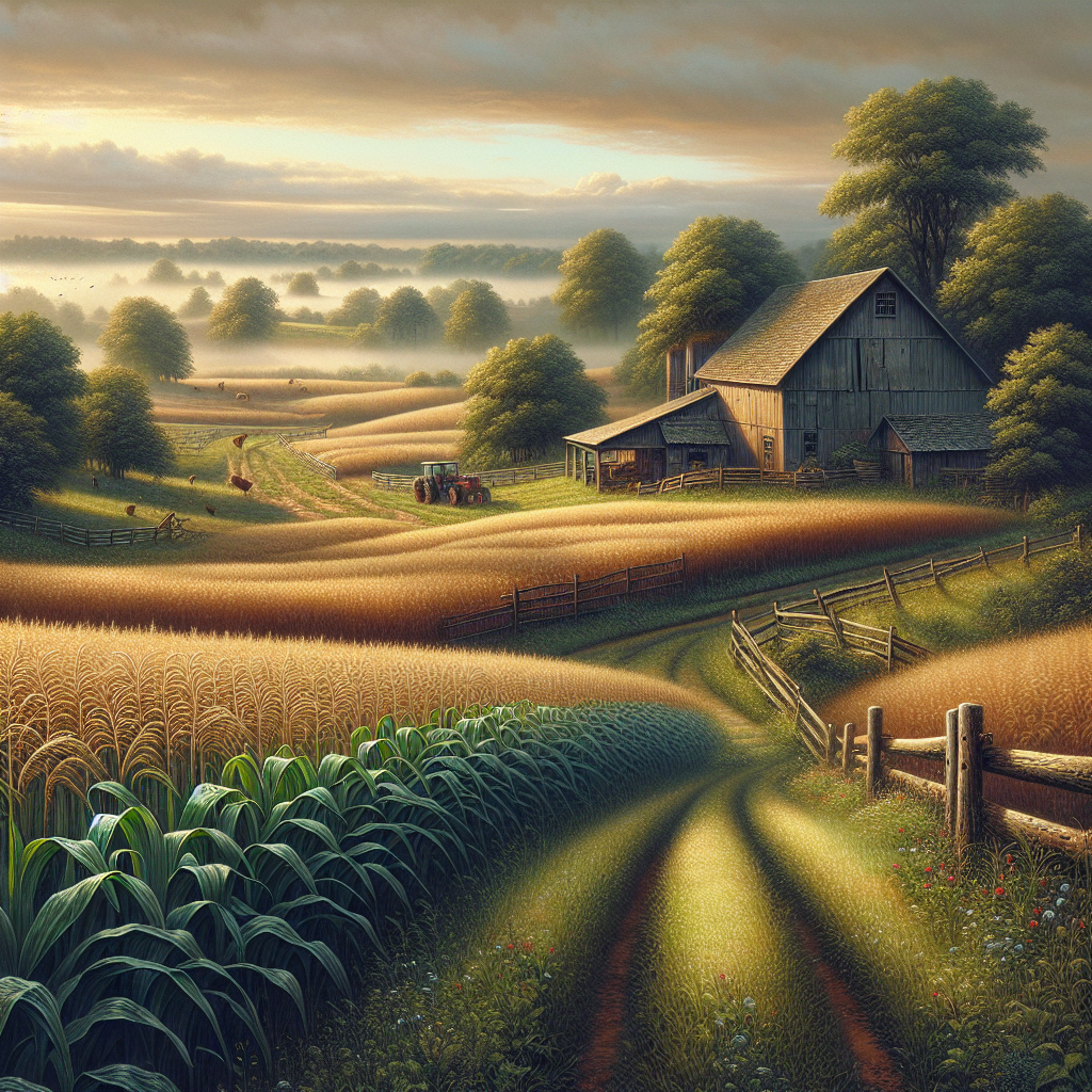 A good morning image showing a peaceful countryside scene with vast farmland, welcoming barn, and clear sky.