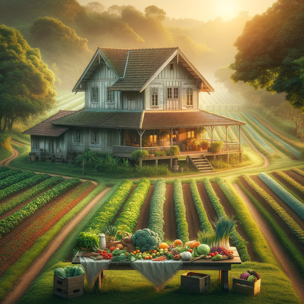 A serene farmhouse at dawn's light, framed by lush crops and a table of harvest, embodying a peaceful good morning image.