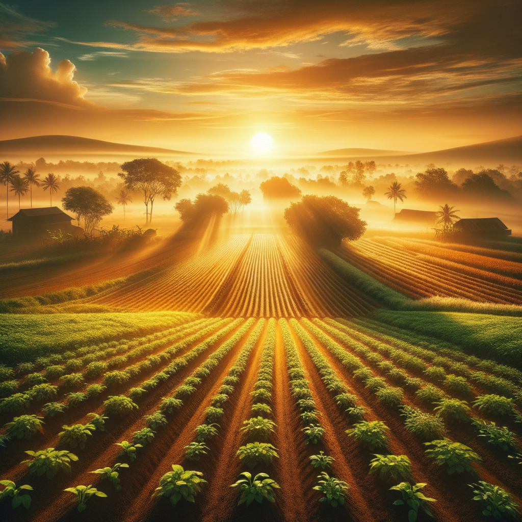 A tranquil farm at sunrise, with golden sunlight nurturing the growth of plants, embodying a good morning image.