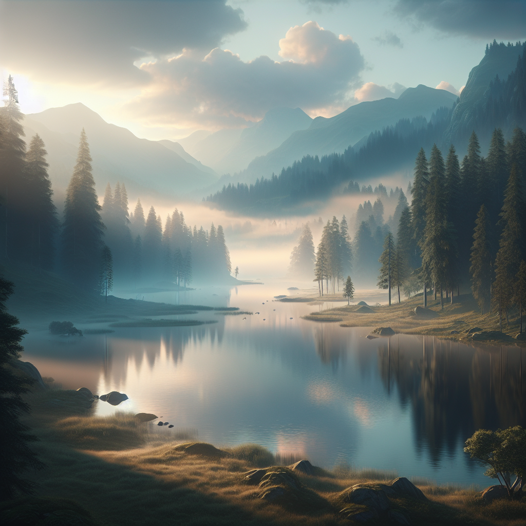 A good morning image of a tranquil, serene landscape with a still lake reflecting the dawn sky, rolling hills, and a misty forest.